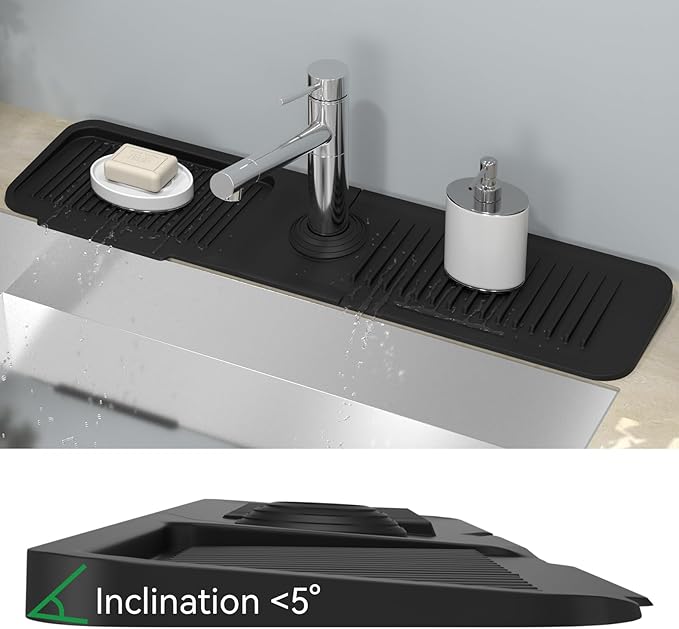Kitchen Sink Splash Guard Behind Faucet 24 x 5.5 Inch, Toovem Faucet Handle Drip Catcher Tray, Longer Silicone Sink Faucet Mat, Dish Soap Sponge Holder for Bathroom, Farmhouse, Bar, Rv,Black