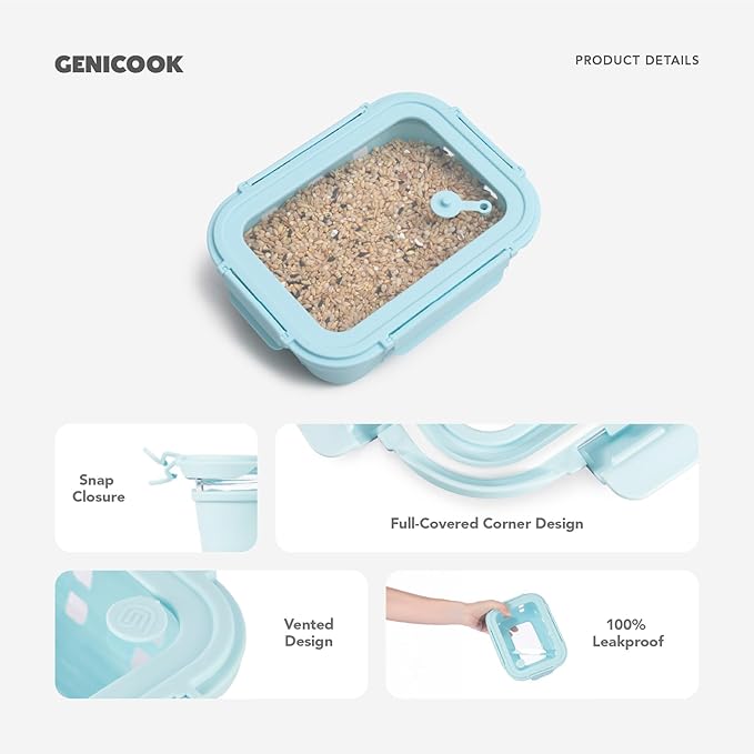 GENICOOK 4.4 Cup Glass Food Storage Containers, 5-Pack – Airtight Meal Prep Containers with Non-Slip Sleeve & Tempered Glass Lids, BPA-Free, Leakproof, Stackable