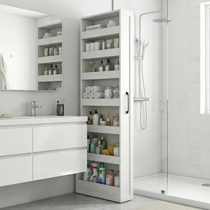 Slim Rolling Storage Cart, 7-Tier Pull-Out Spice Rack with Handle & Wheels, Narrow Kitchen Organizer for Next to Fridge, Pantry, Laundry Room, 7.87 Inch Wide Space Saver (White, Hidden Wheels)