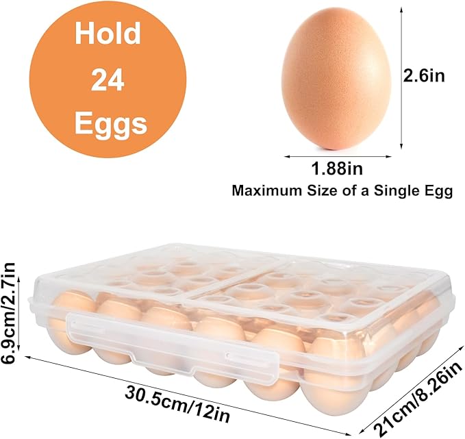 Large Egg Holder for Fridge Camping, Portable Egg Tray Carrier with Lid, Stackable Egg Storage Container with Safety Buckle (24 Grids Egg Tray)