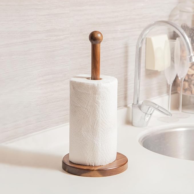 14" Acacia Wooden Paper Towel Holder, 6.7" Large Heavy Base Wooden Kitchen Paper Towel Roll Stand Organizer Free Standing, Rustic Farmhouse Paper Towel Holder Stand, Standing Paper Towel Roll Holders