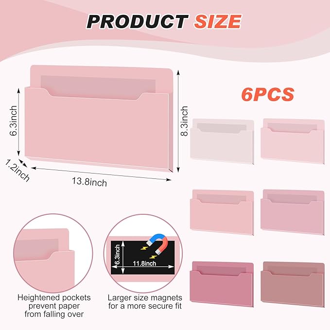 Fuutreo 6 Pcs Magnetic Wall File Organizer Magnetic Wall File Holder Refrigerator Magazine Holder for Mail Letters Paper(Rose Pink,8.3 x 13.8 Inch)