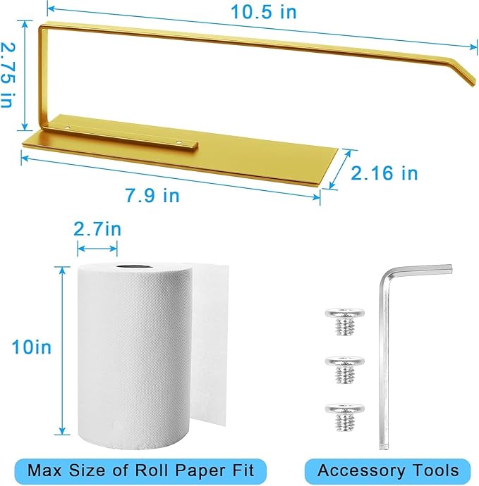 Paper Towel Holder Gold, Magnetic Paper Towel Holder for Fridge, Toilet Paper Roll Holder Magnet Paper Towel Rack Wall Mount Fridge Organizer for Golden Bathroom Kitchen Dorm Room RV Essentials, 2Pack