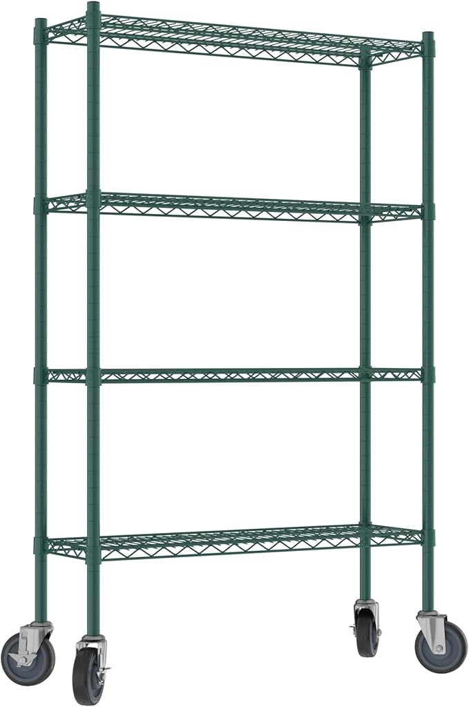 Commercial NSF Listed Green Epoxy Mobile Wire Shelving Kit 12" x 36" x 60", with 4 Shelves Perfect for Warehouse, Walk-in Refrigerator, Freezer, Grocery Store, Restaurant, Dishroom
