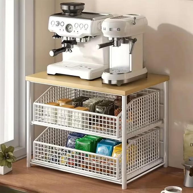Kitchen Countertop Organizer with Drawer & Wire Basket, 3-Layer Fruit Storage Basket Snack Rack Hardwood, Desktop Pull-Out Metal Organizers for Coffee Maker Microwave Toaster & Spices (3-Layer White)