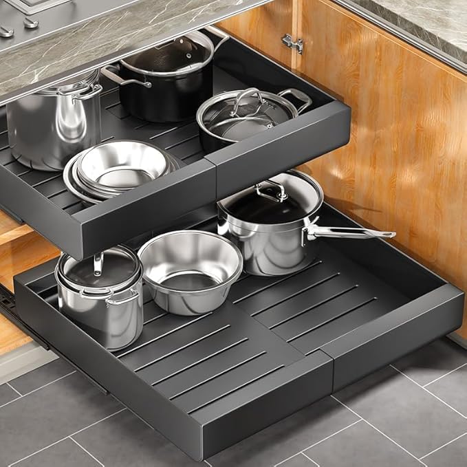 Kitstorack Pull out Cabinet Organizer, Expandable(11.7"-19.7") Heavy Duty Slide out Drawer Fixed with Adhesive Nano Film for Pots, Roll out Shelf Storage for Kitchen Base Cabinet Organization(Black)