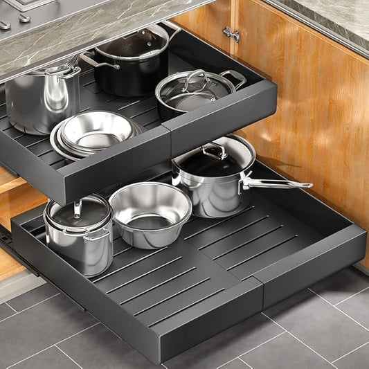 Kitstorack Pull out Cabinet Organizer, Expandable(11.7"-19.7") Heavy Duty Slide out Drawer Fixed with Adhesive Nano Film for Pots, Roll out Shelf Storage for Kitchen Base Cabinet Organization(Black)
