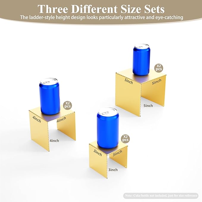 Matte Metal Display Stand,6 Pcs 2 Set Display Risers for Display, Metal Rectangular Display Shelf for Showcase, Dessert, Toys, Perfume (Gold, 3''x4''x5)