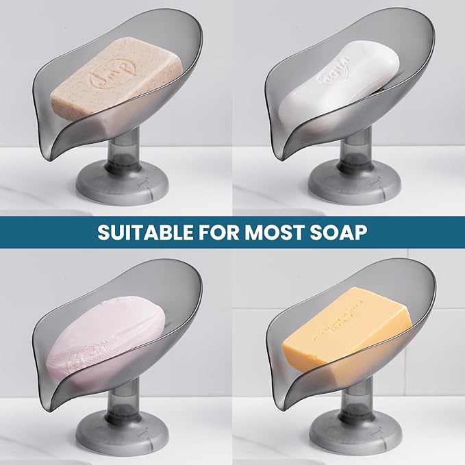 TAILI Self Draining Soap Holder, Leaf-Shaped Bar Soap Dish with Suction Cup Stand, Bar Saver Suitable for Bathroom, Tub, Kitchen Sink, Removable,Easy to Clean & Keep Dry, Grey