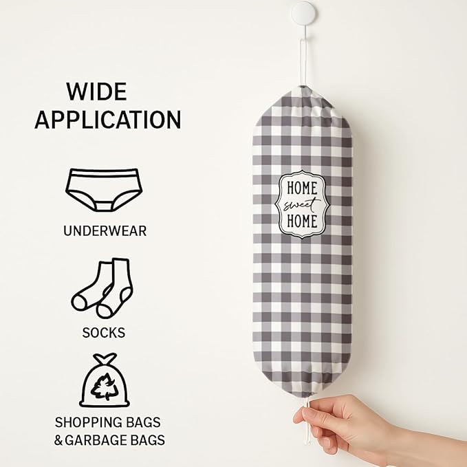 Plastic Bag Holder, Home Sweet Home Plastic Bag Holder for Kitchen Essentials, Gray and White Grid Bags Holders for Plastics Bags Groceries Store, Kitchen Gifts to Women Family Friends