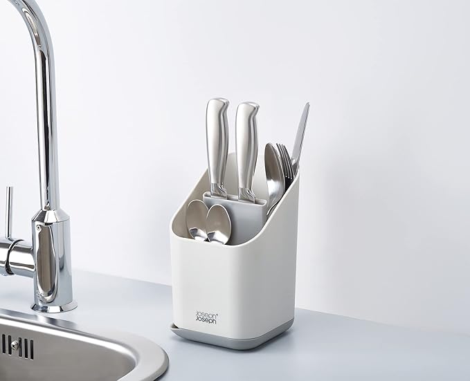 Joseph Joseph Duo Kitchen Sink Cutlery Drainer with Knife Slot, Kitchen Sink Drying Rack Cutlery Organizer, Grey
