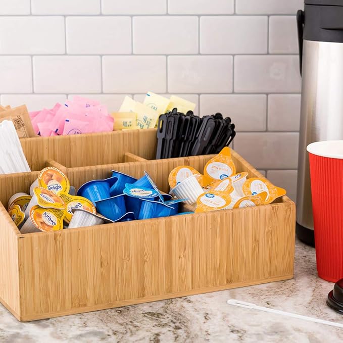 Restaurantware-11.75 x 5.5 Inch Coffee Condiment Organizer, 1 Square Creamer Organizer - 9 Compartments, Break-Resistant, Bamboo Coffee Accessory Caddy, Won't Chip, For Sugar Packets And Creamers