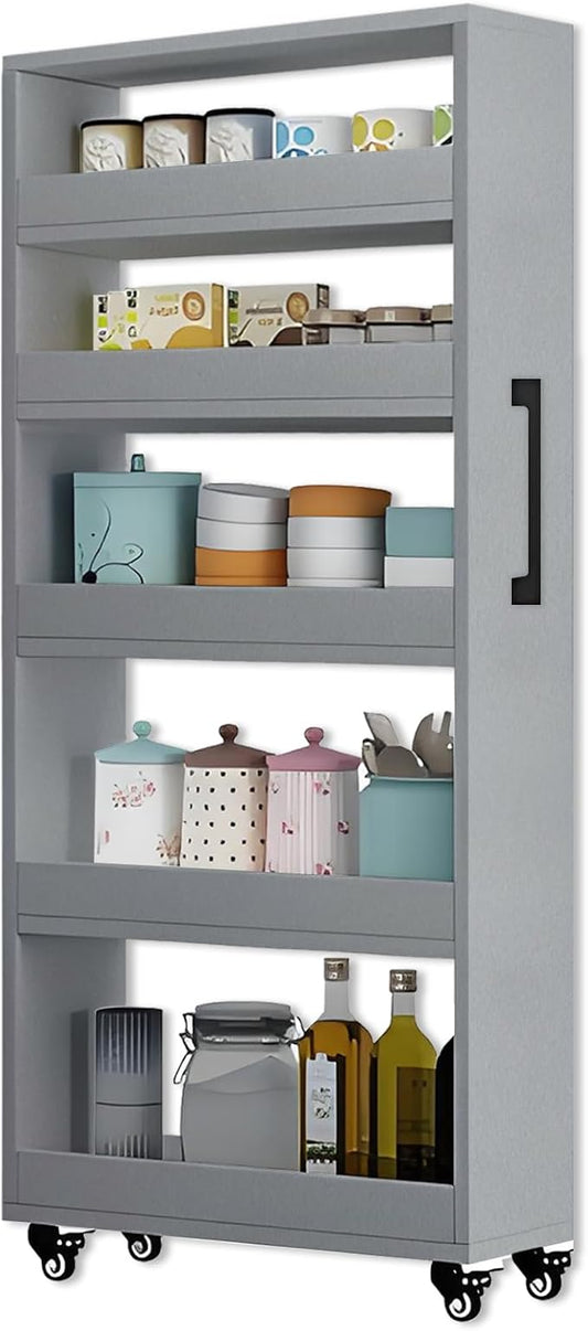 7-Tier Slim Rolling Storage Cart, Wooden Narrow Pantry Cabinet with Wheels, Tall Space-Saving Shelf Organizer for Kitchen, Laundry, Bathroom (Light Gray, 59" H*9.8" W*19.6" D)