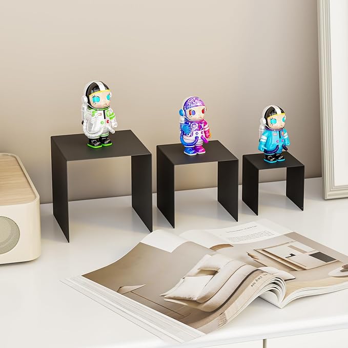 Matte Metal Display Stand,6 Pcs 2 Set Display Risers for Display, Metal Rectangular Display Shelf for Showcase, Dessert, Toys, Perfume (Black, 3''x4''x5)