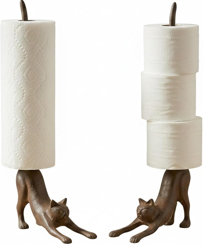 Comfify Yoga Cat Decorative Paper Towel Holder or Toilet Paper Holder - Adorable Downward Dog Pose Kitty - Cast Iron Paper Towel Stand - Antiqued Cast Iron Storage - Multiple uses - 18.5" Tall