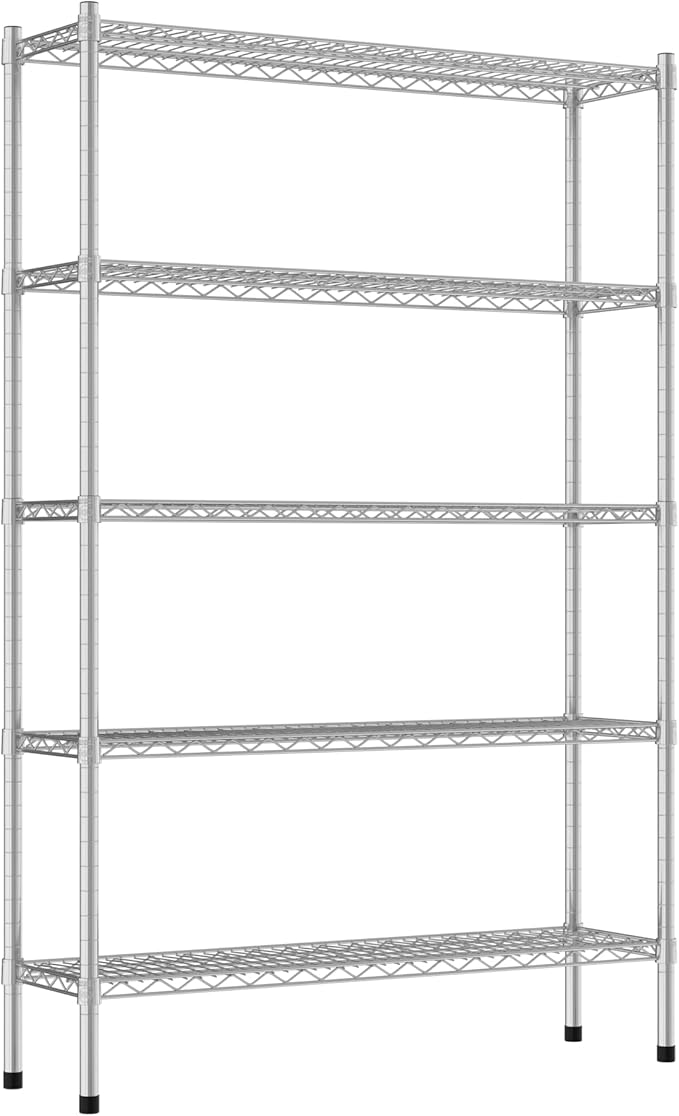 Commercial NSF Listed Chrome Stationary Wire Shelving Kit 12" x 42" x 64", with 5 Shelves Perfect for Warehouse, Walk-in Refrigerator, Freezer, Grocery Store, Restaurant, Dishroom