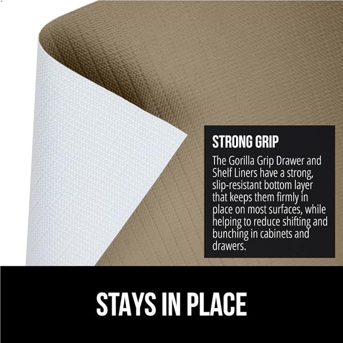 GORILLA GRIP DripGuard Shelf Liner, Non Adhesive Drawer and Kitchen Cabinet Protector, Slip Resistant BPA Free Smooth Surface Plastic Liners for Cabinets, Bathrooms, Closets, 12x120 Inch, Beige