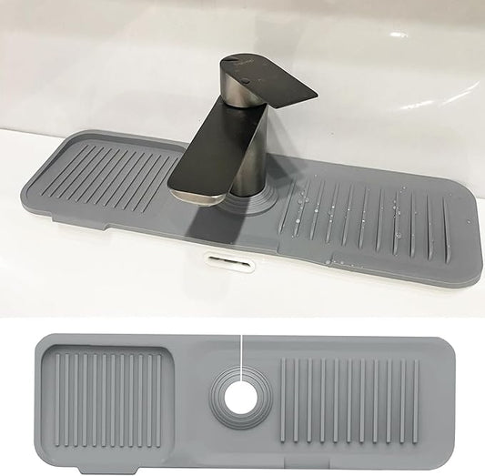 CHIVOLONA Kitchen Sink Splash Guard,Silicone Faucet Handle Drip Catcher Tray,Grey Faucet Mat for Kitchen Sink,Fit Kitchen or Bathroom Sink,5°Slope,17.5” * 5.5”