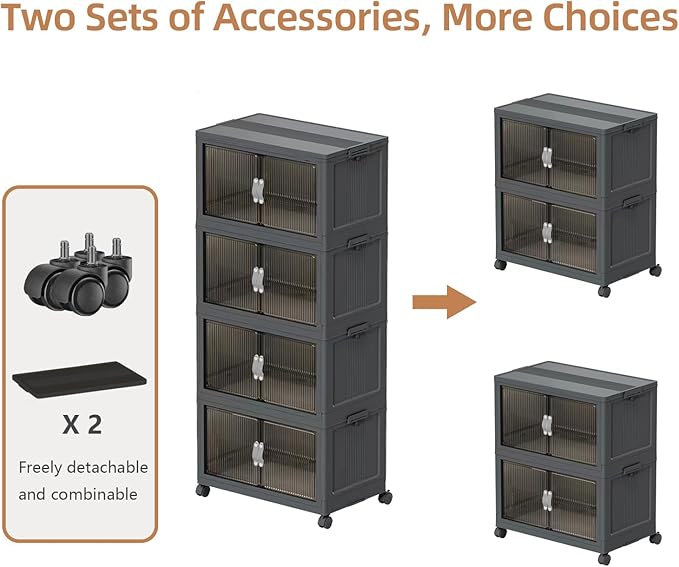 Foldable Collapsible Closet Organizers, Stackable Storage Bins and Boxes with Lids & Drawers, 32GAL*4Pack Folding Plastic Box Cabinet Containers with Door & Wheel for Bedroom Dorm Home Organization