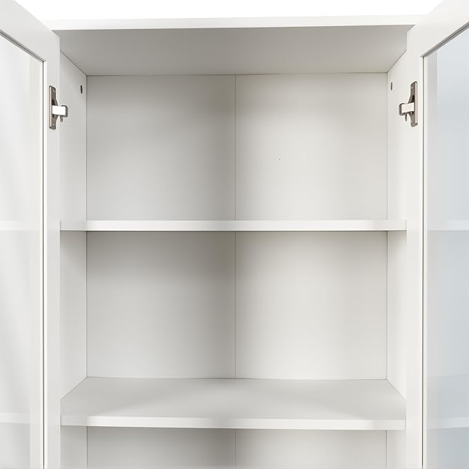 White Tall Storage Cabinet with Glass Doors and Pull-Out Rolling Cart, 71” Narrow Pantry Cabinet with Adjustable Shelves, Modern Display Bookcase for Kitchen, Bathroom, Office, Living Room