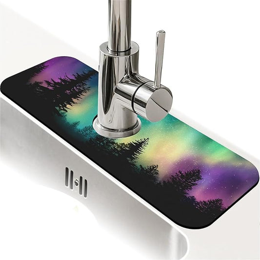 Kitchen Sink Splash Guard，Arctic Lights in Alaska Faucet Mat Sink Gadgets-Super Absorbent Fast Drying Mat Drip Catcher for Kitchen, Bathroom,Sink Mat, Dish Drying Mat, Bathroom(15" X 5.5" )