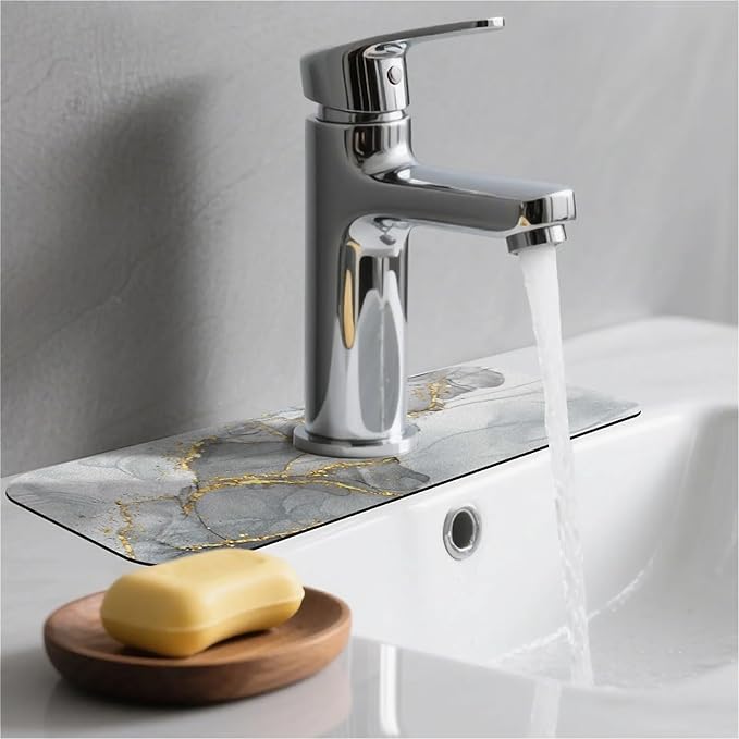 Kitchen Sink Splash Guard，Gold grey marble Faucet Mat Sink Gadgets-Super Absorbent Fast Drying Mat Drip Catcher for Kitchen, Bathroom,Sink Mat, Dish Drying Mat, Bathroom(15" X 5.5" )