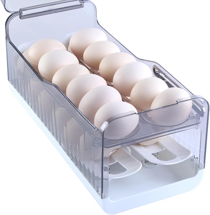 Sansam Egg Holder for Fridge, Automatic Rolling Egg Organizer for Refrigerator, Plastic Egg Container & Tray, Stackable Dispenser and Storage Bin with Sturdy Lid to Saving Space (Grey)