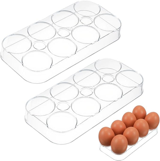2 PCS Clear Egg Holder for Fridge, Durable Plastic Egg Storage Container Tray, Compact Kitchen Organizer Rack for Countertop, Holds 8 Eggs