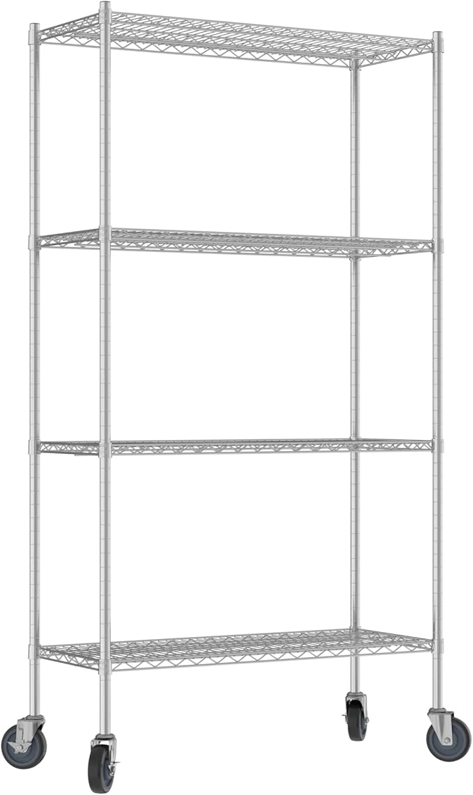 Commercial NSF Listed Chrome Mobile Wire Shelving Kit 18" x 42" x 80", with 4 Shelves Perfect for Warehouse, Walk-in Refrigerator, Freezer, Grocery Store, Restaurant, Dishroom