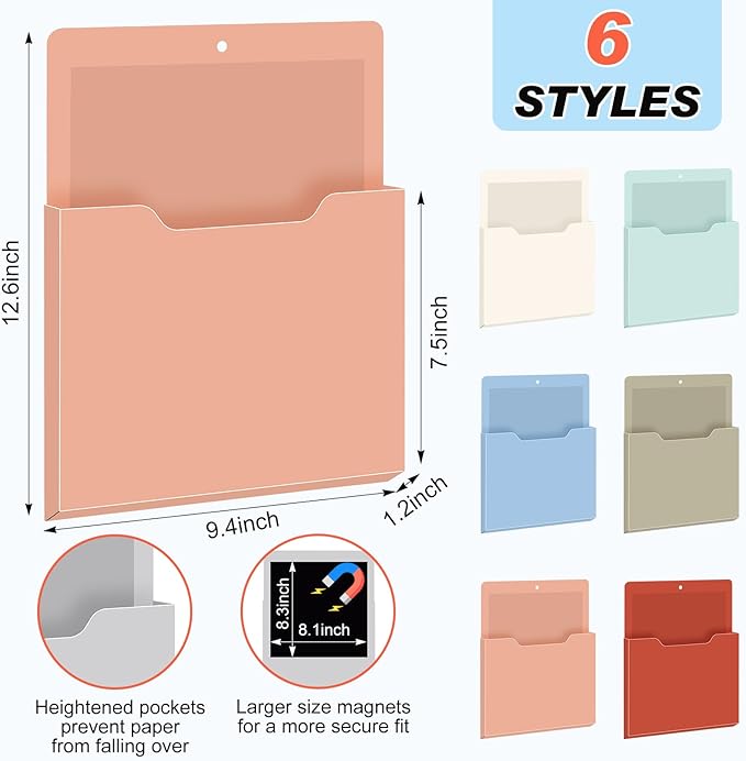 Fuutreo 6 Pcs Magnetic Wall File Organizer Magnetic Wall File Holder Refrigerator Magazine Holder for Mail Letters Paper(Vintage Boho,12.2 x 9.4 Inch)