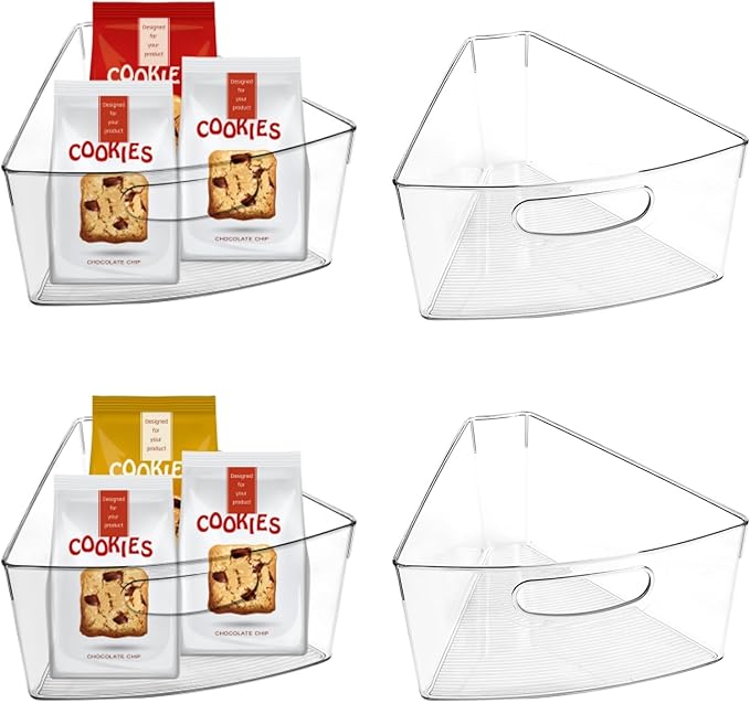 URALFA Lazy Susan Organizer Bins, Corner Cabinet Organizer, Plastic Corner Kitchen Cabinet Storage Bins Clear Transparent Lazy Susan Bins with Handle, 1/8 Wedge-4" Deep Container, BPA Free, 4 Pack