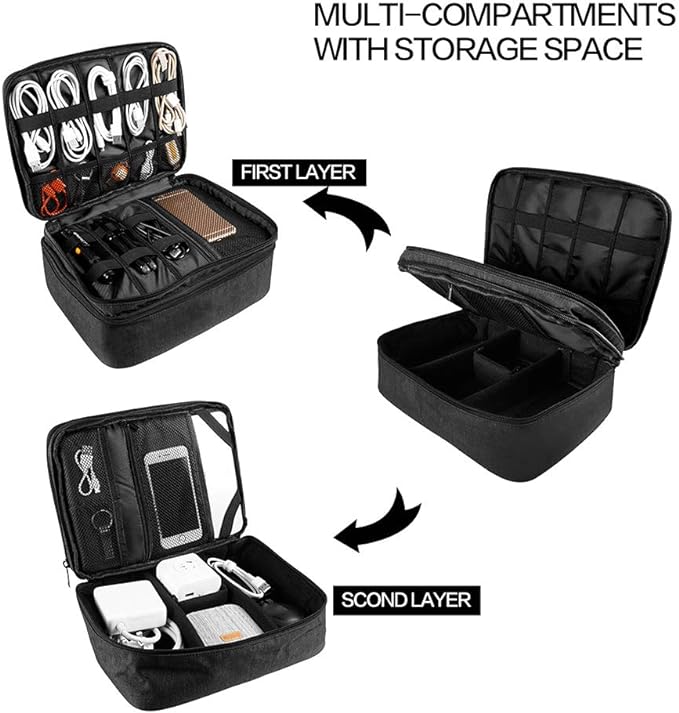 Travel Electronics Organizer, Waterproof Cable Organizer Bag for Electronic Accessories Double Layer Large Shockproof Cable Storage Bag for Cord, Power Bank, Tablet(Up to iPad 11 inch) - Black