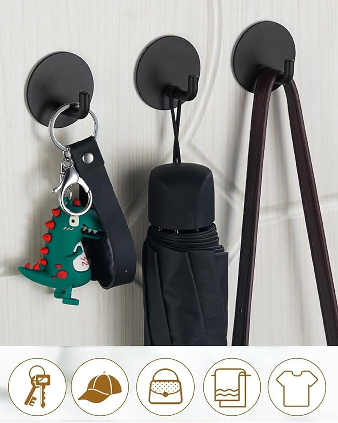 EDMILE 8 Pack Adhesive Towel Hooks for Bathroom, Stick on Hooks Bathroom Kitchen for Walls No Damage, Sticky Hook for Hanging Coat Robe, Black