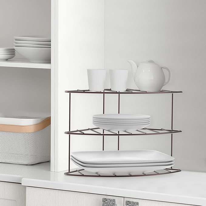3-Tier Kitchen Details Corner Shelf Organizer | Cabinet & Countertop Storage | Plates | Cups | Bowls (2, Bronze)