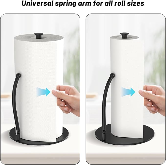 VEHHE Paper Towel Holder Countertop with Spring Arm, EVA Non-Slip Base, Freestanding Paper Towel Holder for Kitchen Bathroom (Black)