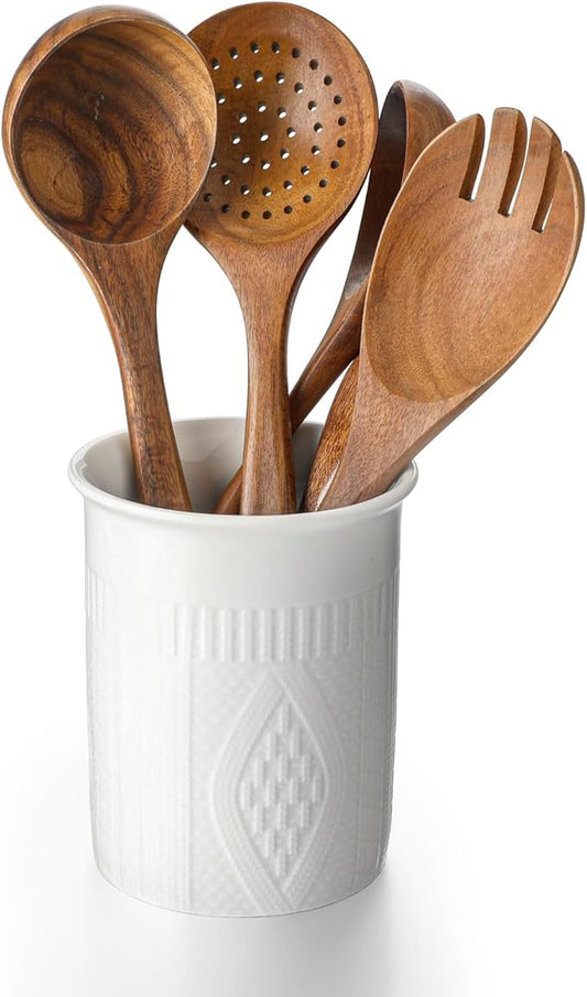 5.2" Cooking Utensil holder，Ceramic Kitchen Utensil Holder，White Utensil Crocks for Spatula Spoon Stick Straw Teaspoon (white, 1)