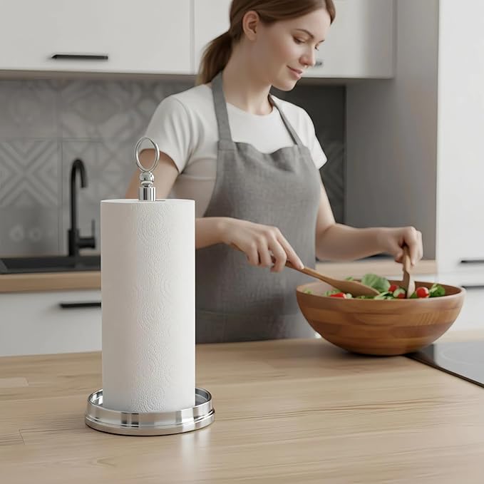 Paper Towel Holder (with Heavy Weighted Base) Steel Paper Holder countertop，Black Paper Towel Holder for Kitchen Countertops, Bars & Dining Tables,Fits Standard & Jumbo Rolls,Chrome