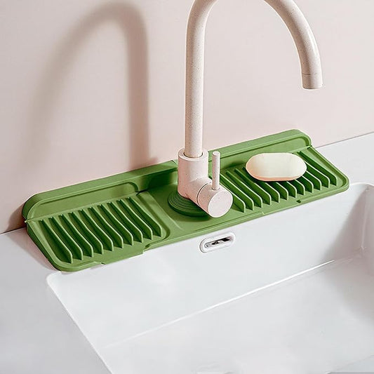 Longer Silicone Faucet Mat for Kitchen Sink – Button Style Faucet Drip Catcher & Leak-Proof Sink Splash Guard with 6° Slope, Behind Faucet Draining Mat,Gadgets for Bathroom (green, small)