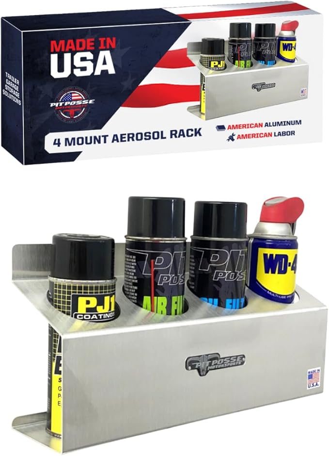 Pit Posse 303 Four Bottle Aerosol Spray Can Rack Shelf Holder 15.5" Caddy - Made in USA - Aluminum Enclosed Trailer Shop Garage Storage Organizer - Mounting Hardware Included (Silver)