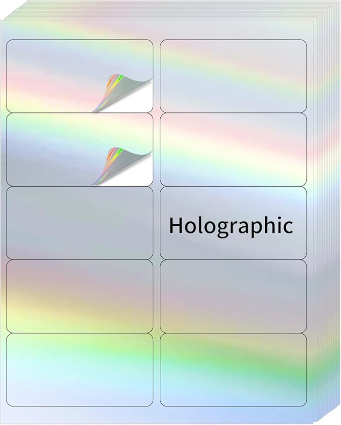 YEGAWEN Shipping Labels Stickers, 2"×4" Printable Holographic Mailing Labels for Laser/Inkjet Printing- Matte, Permanent Adhesive Sticker, Holographic Silver/ 20 Sheet