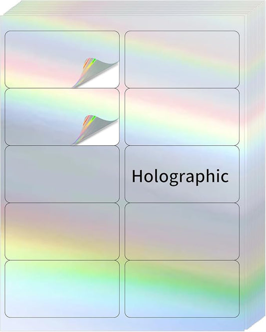 YEGAWEN Shipping Labels Stickers, 2"×4" Printable Holographic Mailing Labels for Laser/Inkjet Printing- Matte, Permanent Adhesive Sticker, Holographic Silver/ 20 Sheet