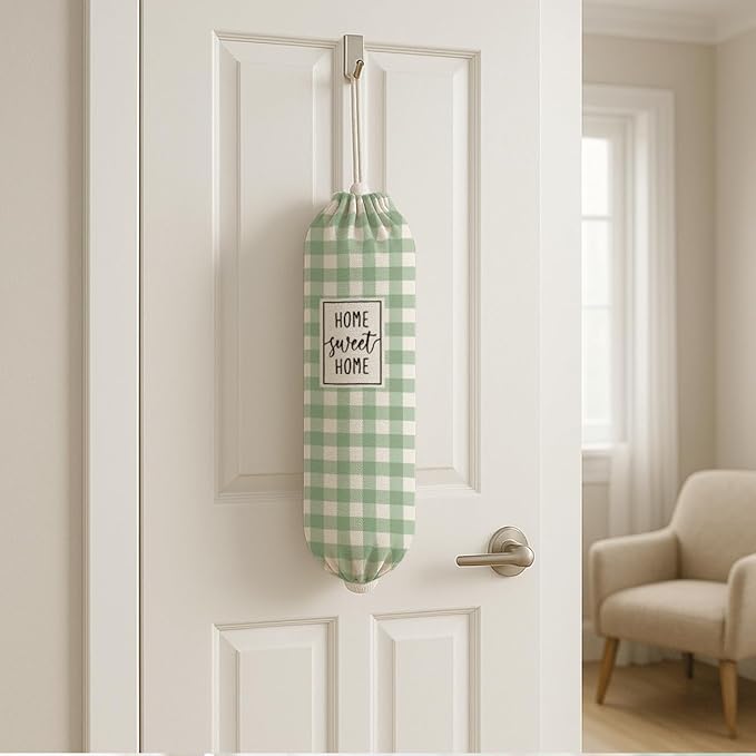Plastic Bag Holder, Home Sweet Home Plastic Bag Holder for Kitchen Essentials, Green and White Grid Bags Holders for Plastics Bags Groceries Store, Reusable Hanging Trash Sack Dispenser