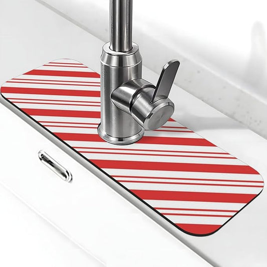 Christmas Red And White Candy Cane Swirl Stripe Striped Stripes Candycane Kitchen Sink Splash Guard Faucet Mat Super Absorbent Fast Drying Mat Sink Sink Mat For Kitchen Bathroom (15" X 5.5" )