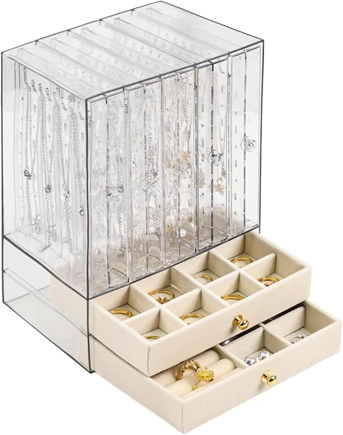 Greenfeather Jewelry Organizer with 7 Removable Drawers, Clear Acrylic Jewelry Box with 40 Necklace Hooks, 120 Pairs of Earring Holes, 2 Velvet-Lined Drawers for Rings, Necklaces, Earrings,Off-White