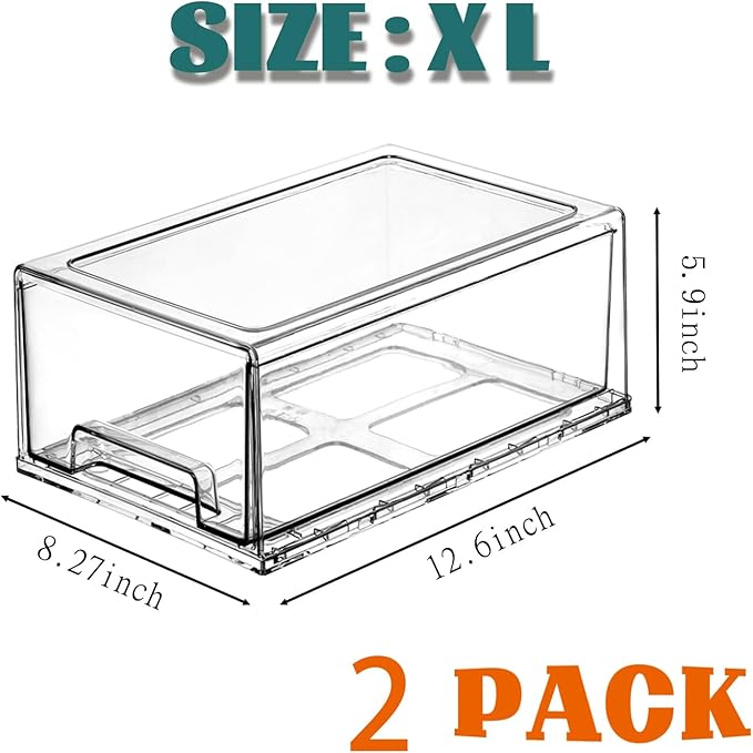 PiJeyiee Clear Stackable Refrigerator Organizers and Storage Drawers - Pull-Out Fridge Bins with Anti-Slip Base & Easy Clean, Plastic Organizers for Kitchen Pantry Cabinet Closet ﻿ (2XL)