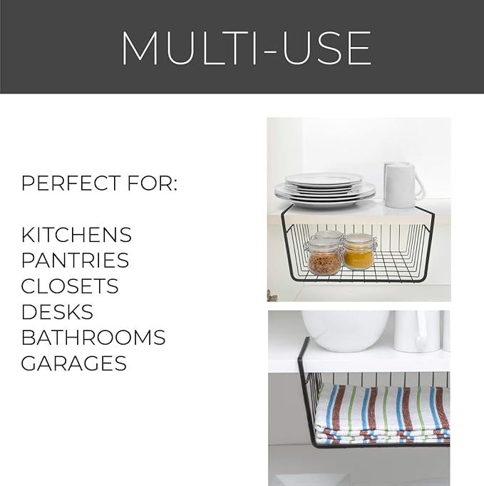 Smart Design Undershelf Storage Basket - Small - Snug Fit Arms - Steel Metal Wire - Rust Resistant - Under Shelves, Cabinet, Pantry, and Shelf Organization - 12 x 5.5 Inch - Black