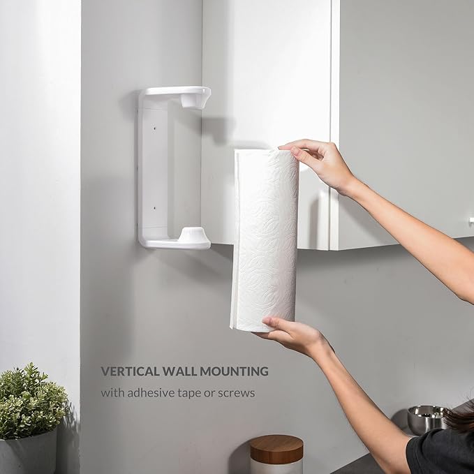 simpletome Paper Towel Holder Under Cabinet or Wall Mount ONE Hand Operation Tension Arm Kitchen Roll Holder (White, for 24-28cm/9.4-11inches roll)