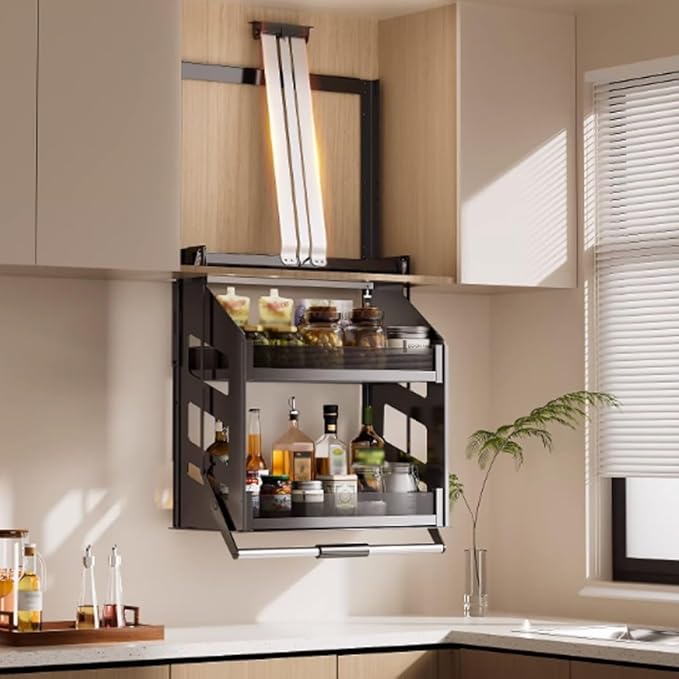YVYKFZD 2 Tier Pull Down Cabinet Organizer, Heavy-Duty Wall Pull Down Shelf, Kitchen Storage Shelf Organizer, High Cabinet Lifting and Folding Cabinets, Space Saving(13.7"x11.0"x26.3"/35x28x67cm)