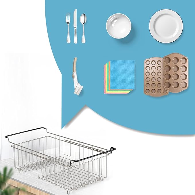 TreeLen Expandable Dish Drying Rack Over the Sink Small Dish Drainer in Sink Adjustable Rustproof Sink Strainers for Kitchen-304 Stainless Steel