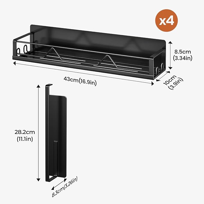 Mystozer 16.9 Inch Wide Large Capacity Magnetic Spice Rack for Refrigerator, 5 Pack Metal Fridge Shelf, Black